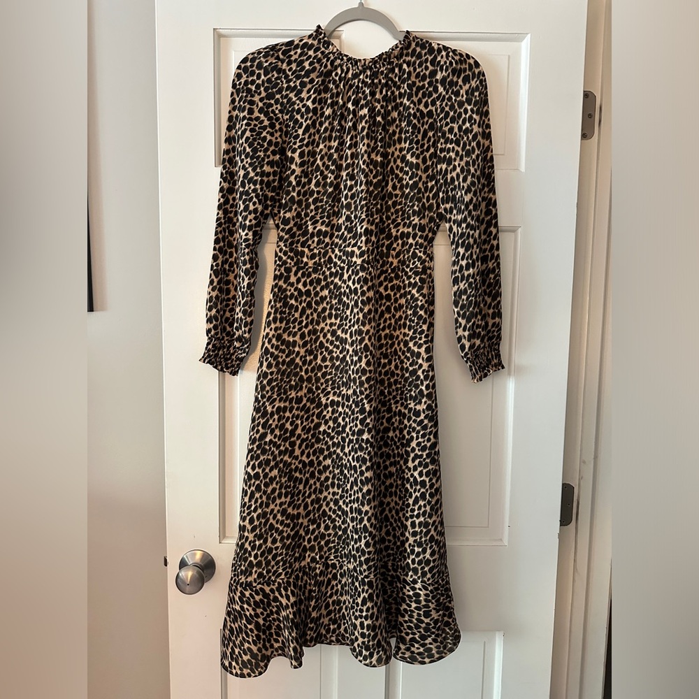 J. Crew Leopard Print Ruffle Long Sleeve Midi Dress